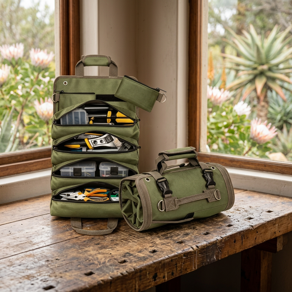 Olive roll-up bag styled with fishing essentials