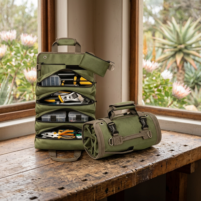 Olive roll-up bag styled with fishing essentials