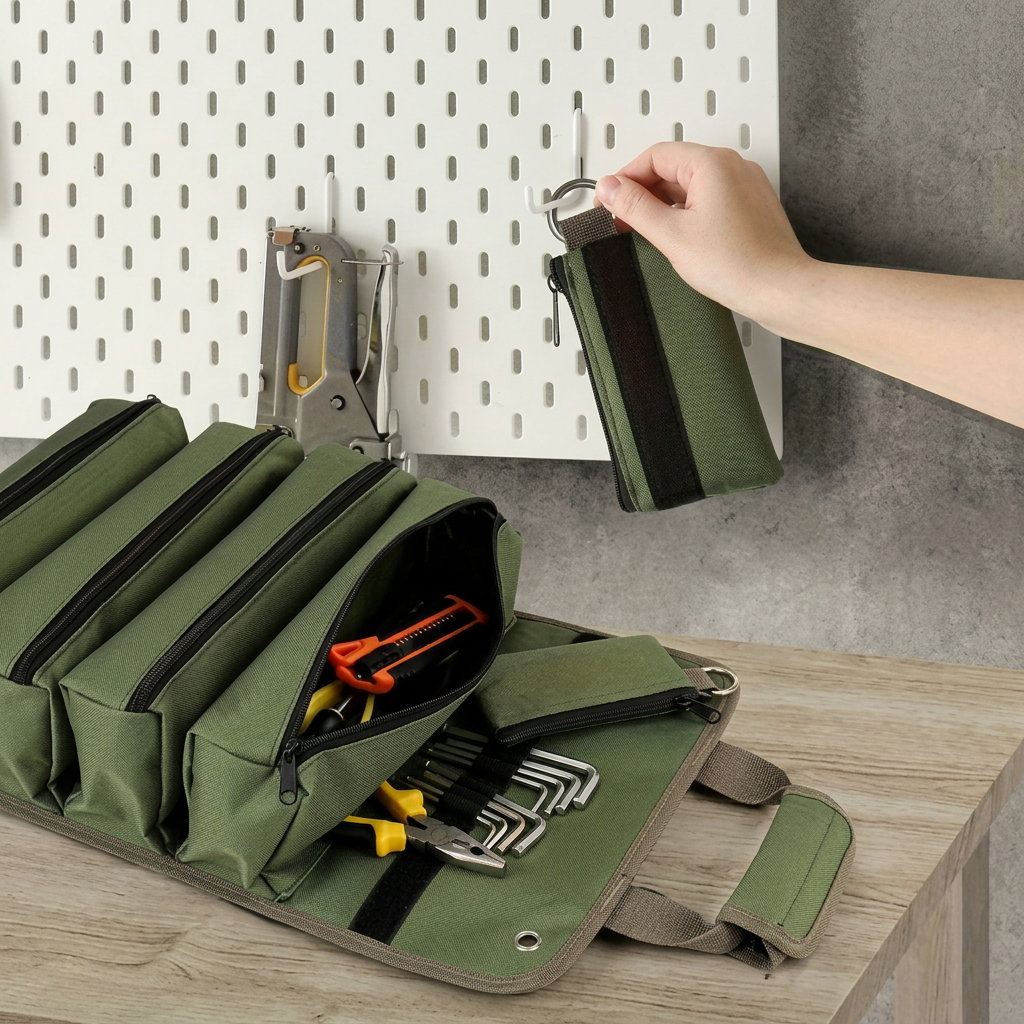 Detachable pouch on olive roll-up organiser