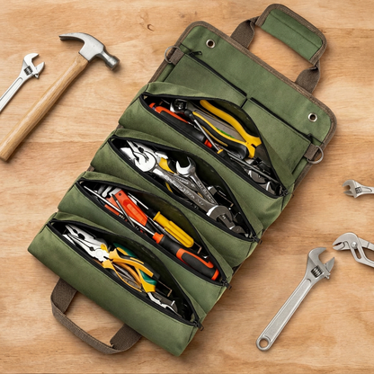 Olive tool organiser on a timber workbench