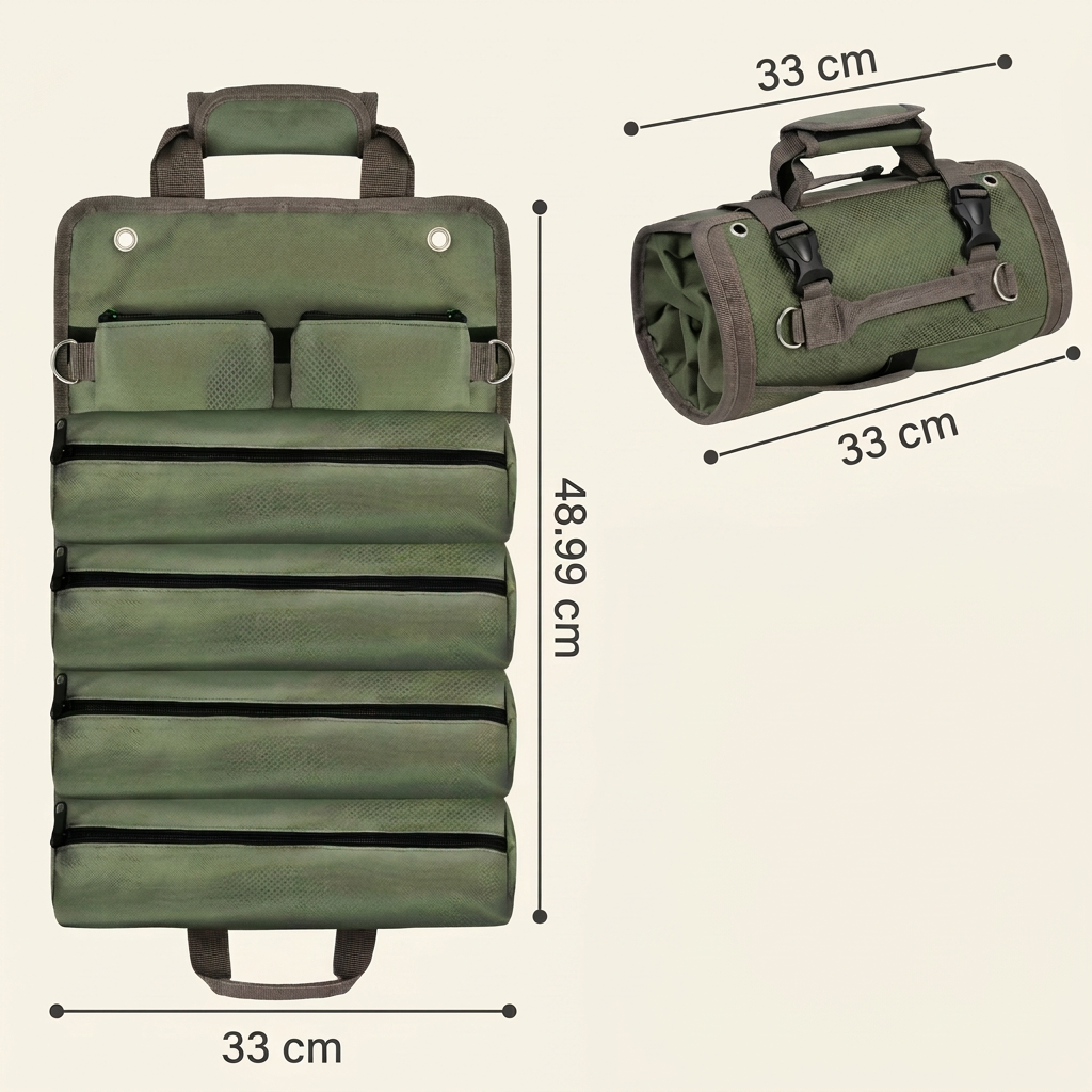 Roll-up bag dimensions: 48.99 cm long and 33 cm wide