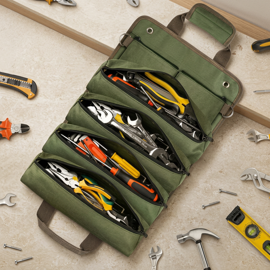 Olive roll-up organiser bag opened with tools