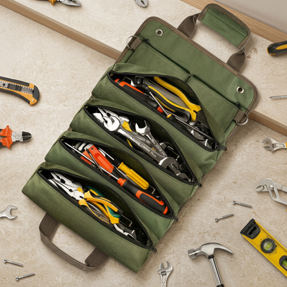 Olive roll-up organiser bag opened with tools